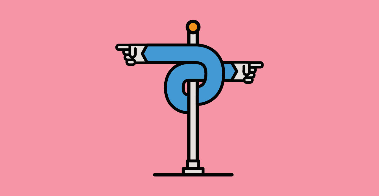 An illustration of 2 arms with blue sleeves coming out of a white pole pointing left and right in front of a pink background.