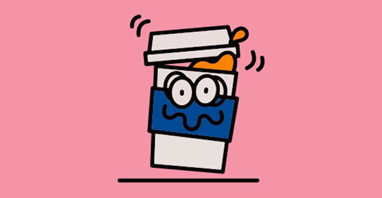 An illustration of a coffee cup with a blue coffee jacket shaking in front of a pink background.