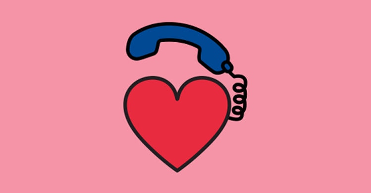 An illustration of a red heart with telephone attached to it in front of a pink background.