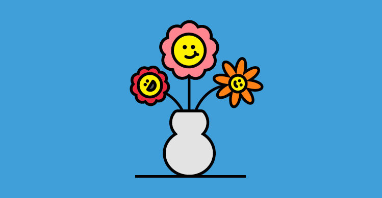 An illustration of flowers in a white vase in front of a blue background.