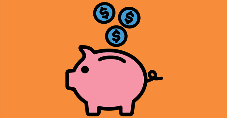 An illustration of a piggybank with blue coins falling into it in front of a orange background.