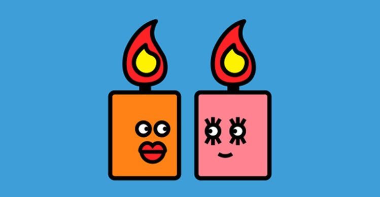 An illustration of two candles lit with faces on them in in front of a blue background.