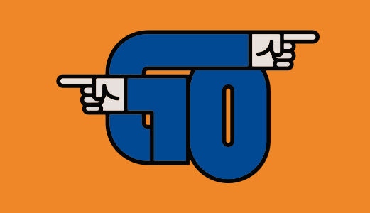 An illustration of 2 arms wearing blue that spell the word go that are pointing left and right in front of a orange background.