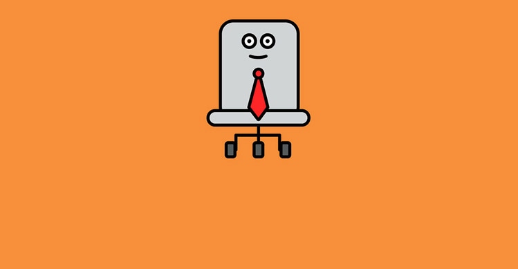 An illustration of a white rolling desk chair wearing a red tie in front of a orange background.