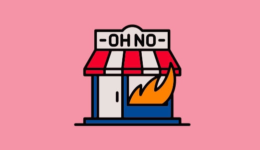 An illustration of a shop called Oh No on fire in front of a pink background.