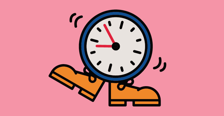 An illustration of a blue, white, black and red clock wearing brown shoes in front of a pink background.