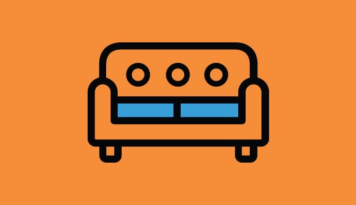 An illustration of a orange couch with blue cushions in front of an orange background.