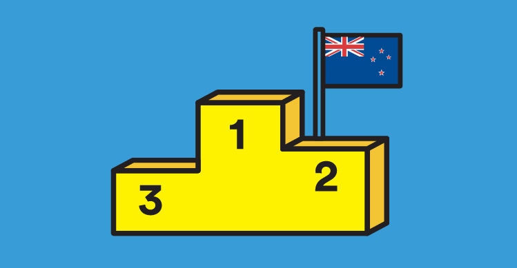 An illustration of a yellow winners podium with a New Zealand flag in front of a blue background.