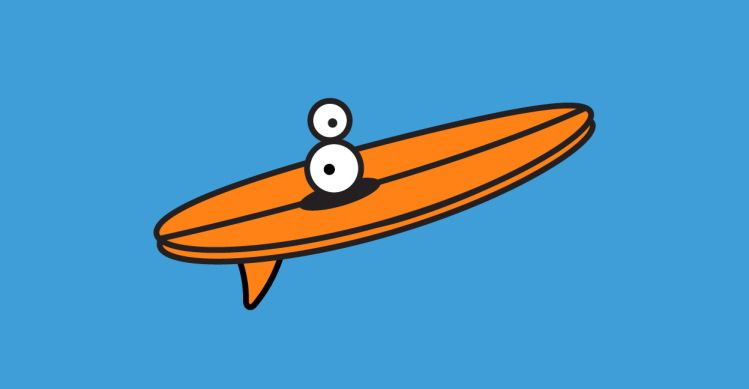 An illustration of a orange surfboard in front of a blue background.