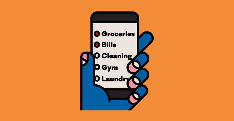 An illustration of a blue hand holding a black phone with a to-do list in front of a orange background.