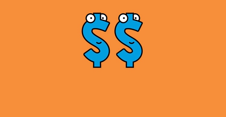 An illustration of two blue dollar signs in front of a orange background.